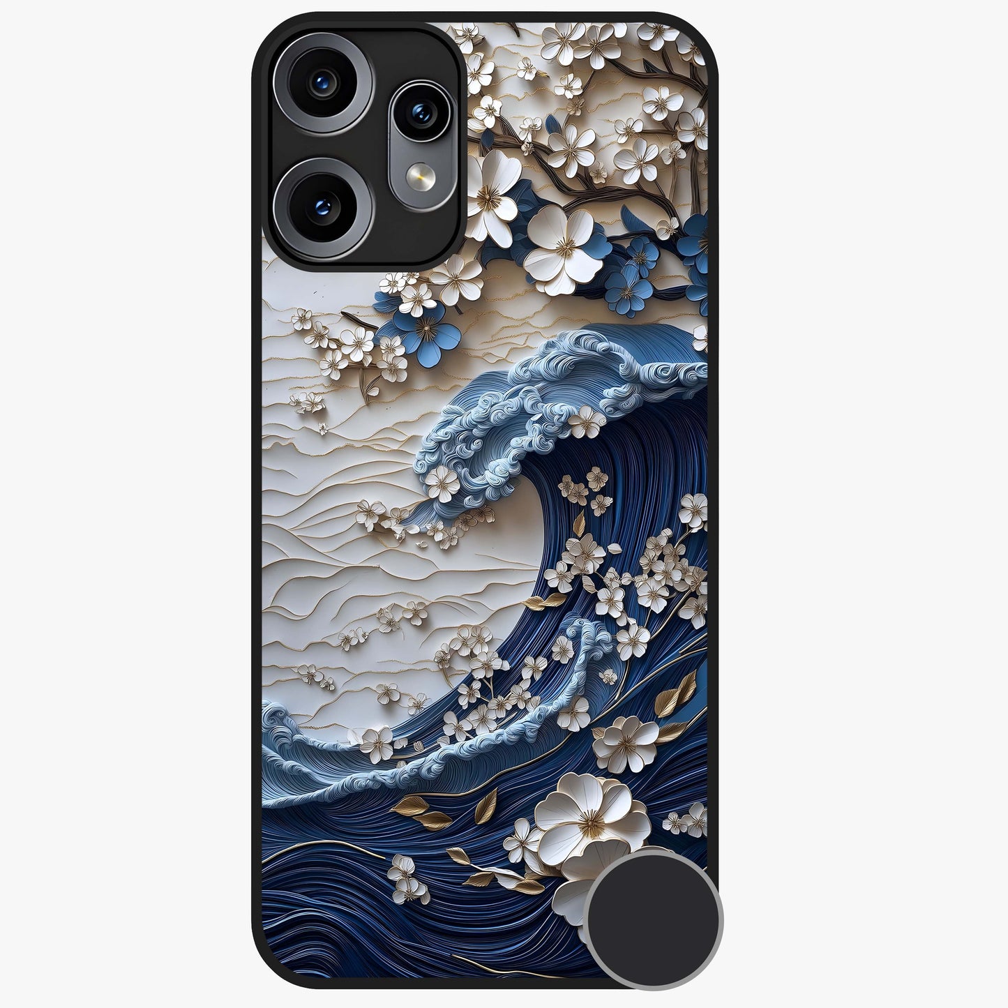 Floral Wave Origami Glass Case showing flat back view with origami inspired floral wave artwork and glossy glass finish.
