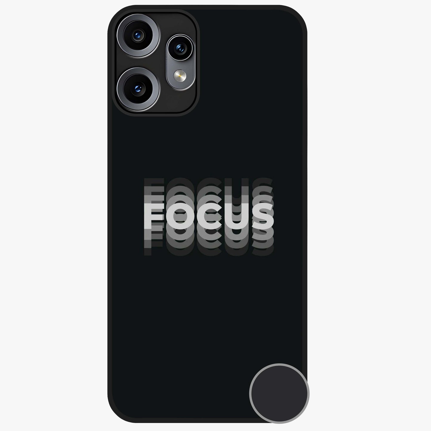 Focus Mode On Glass Case showing flat back view with bold motivational typography design and glossy glass finish.