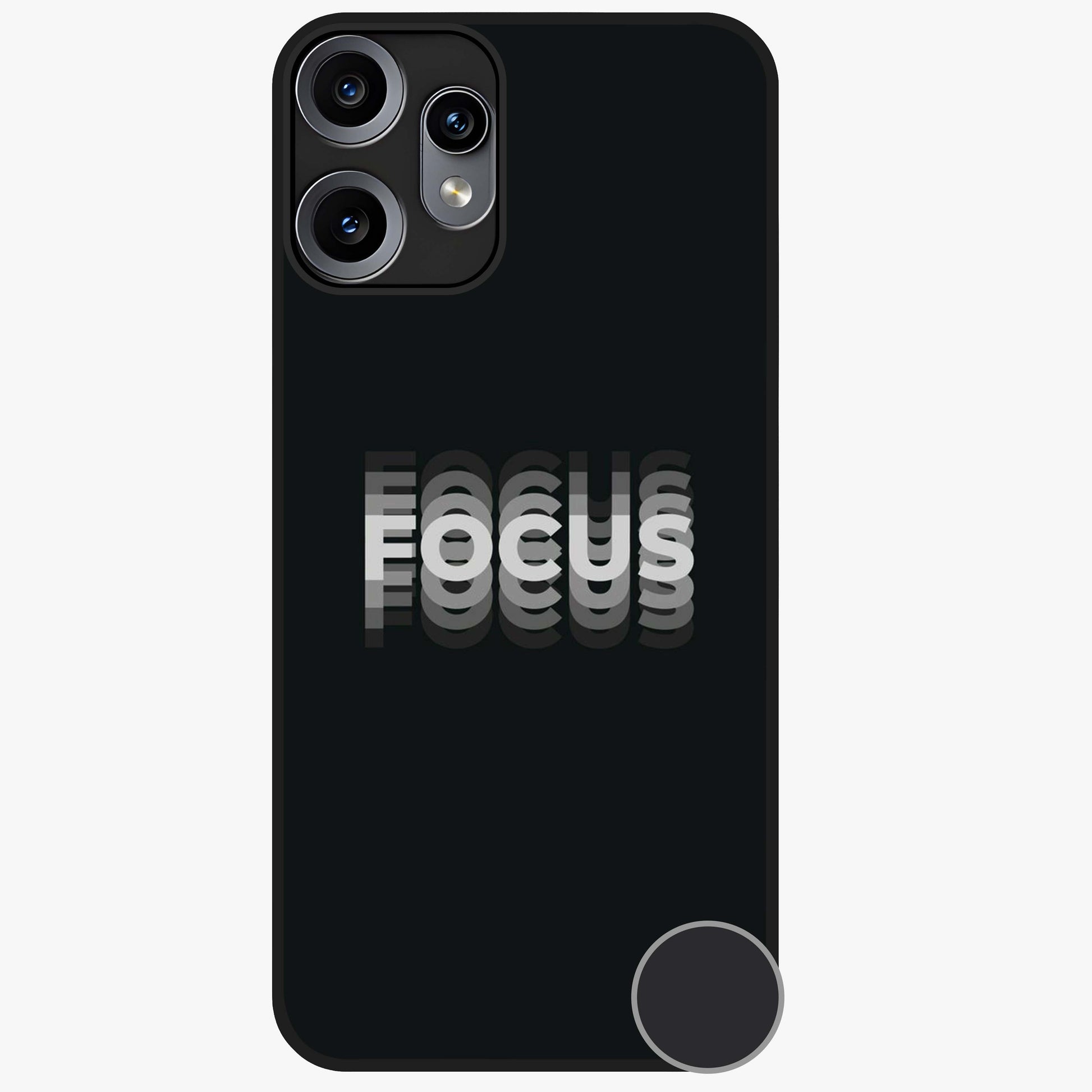 Focus Mode On Glass Case showing flat back view with bold motivational typography design and glossy glass finish.