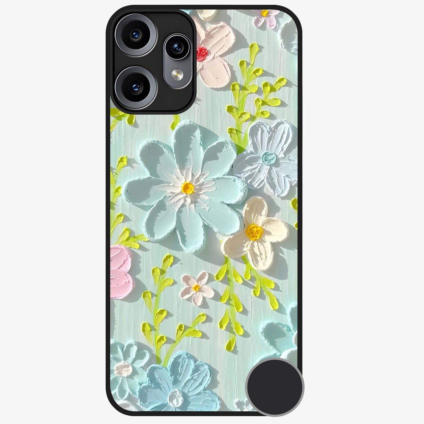 Frosted Petal Garden Glass Case showing flat back view with soft frosted floral artwork and glossy glass finish.