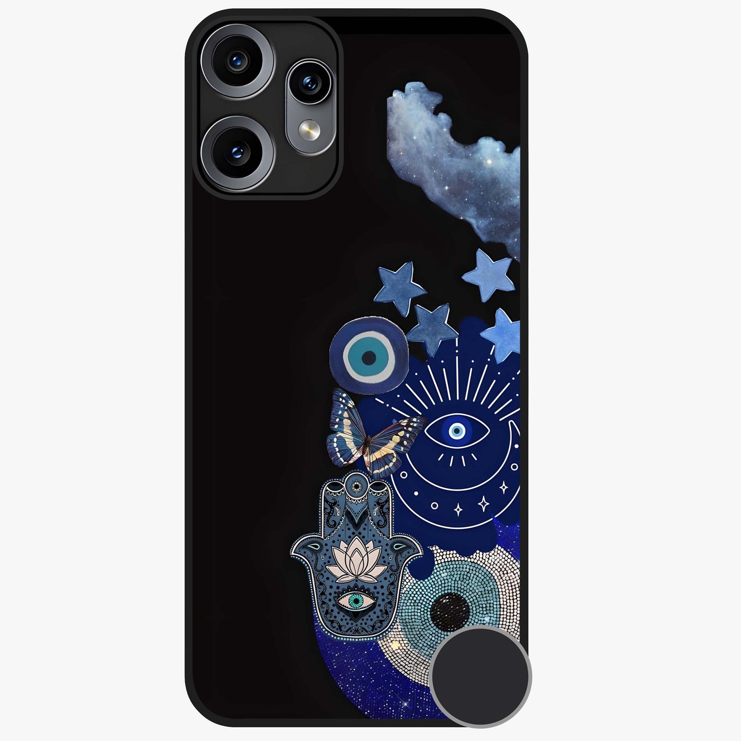 Galactic Charm Cluster Glass Case showing flat back view with glowing celestial charm artwork and glossy glass finish.