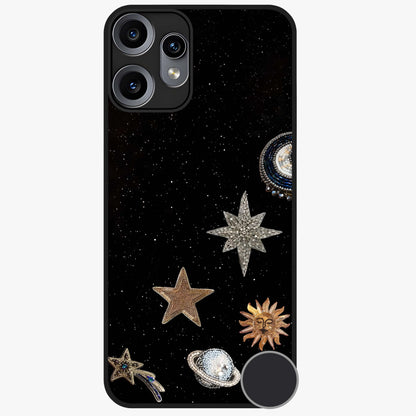Galactic Charm Glow Glass Case showing flat back view with glowing celestial charm artwork and glossy glass finish.