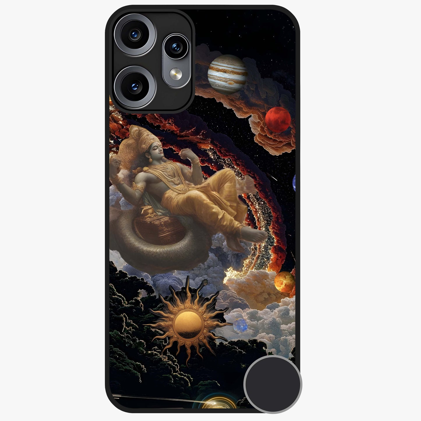 Galactic Divine God Glass Case showing flat back view with divine cosmic themed artwork and glossy glass finish.