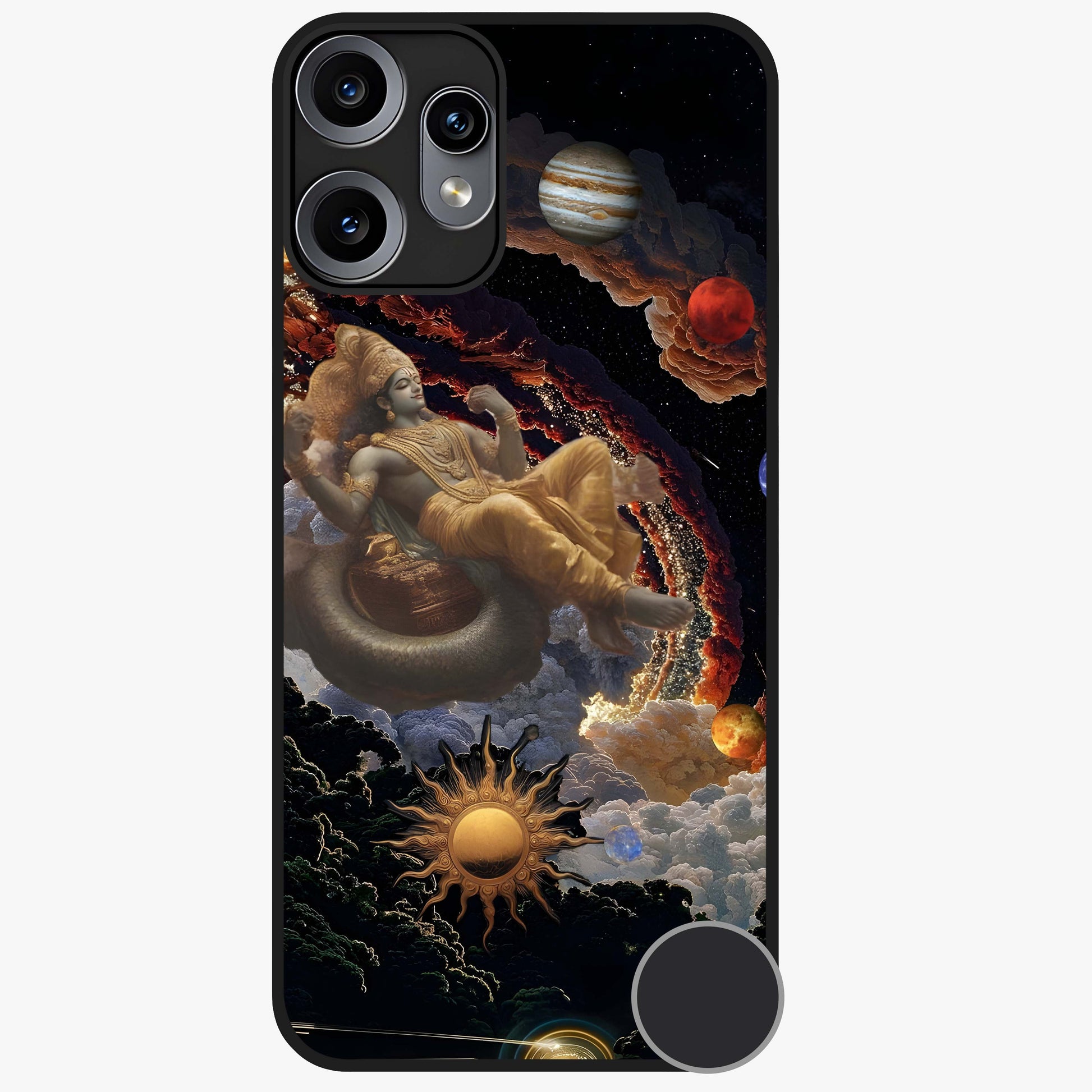 Galactic Divine God Glass Case showing flat back view with divine cosmic themed artwork and glossy glass finish.