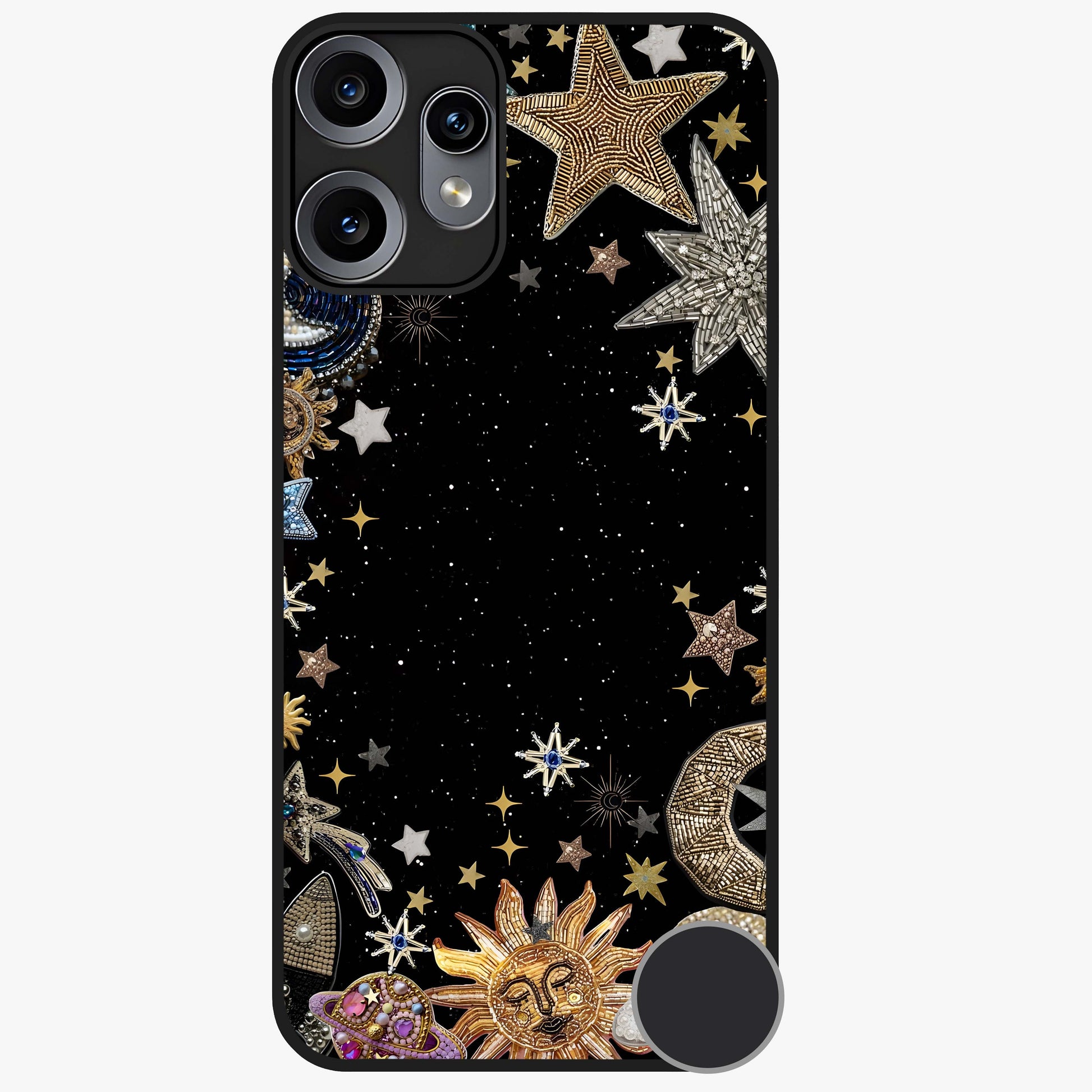 Galactic Jewel Stars Glass Case showing flat back view with sparkling star jewel artwork and glossy glass finish.