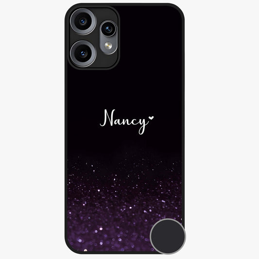 Glittery Purple Bokeh Custom Name Glass Case showing flat back view with purple bokeh sparkle artwork and personalized name design.