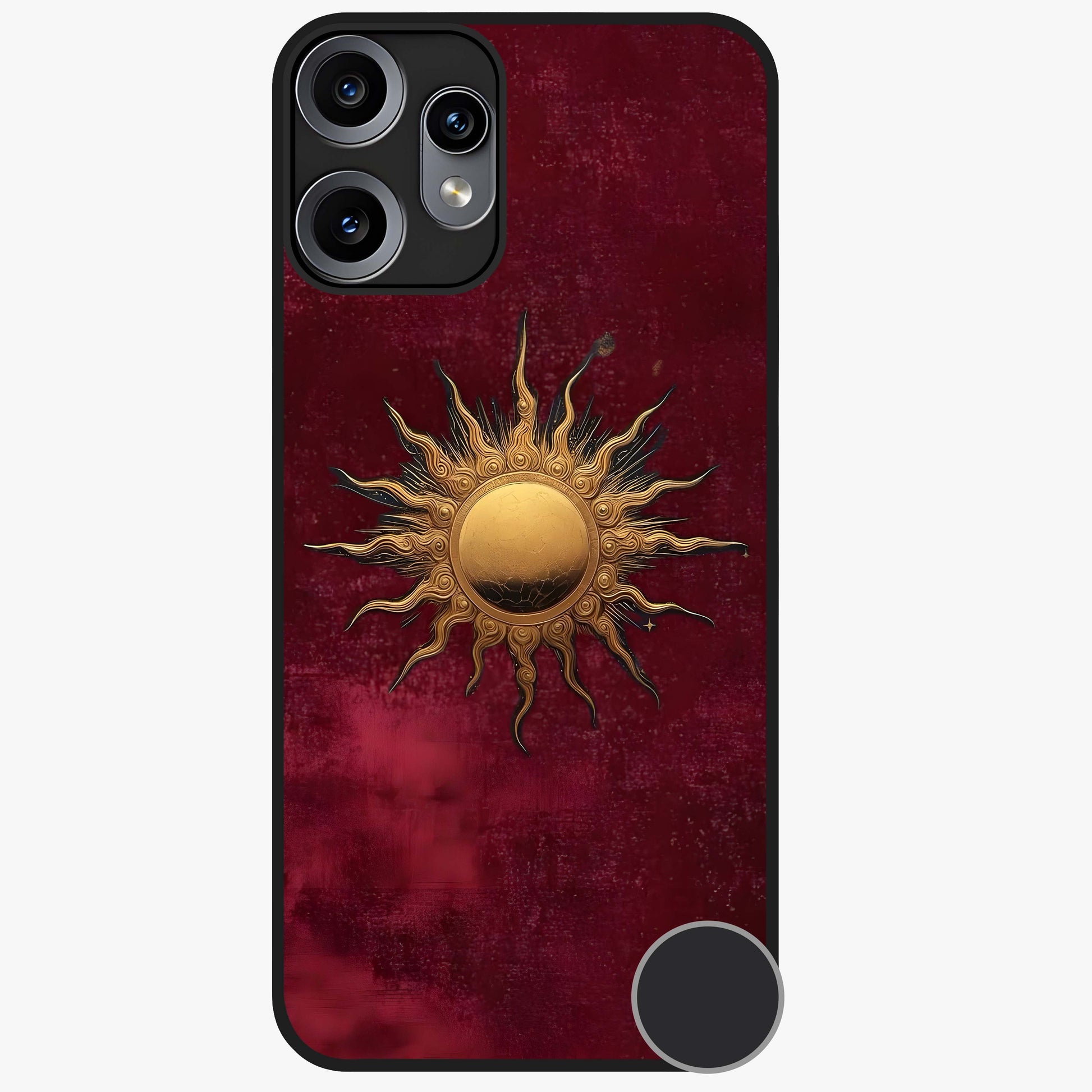 Gold Sun Blush Glass Case showing flat back view with golden sun inspired artwork and glossy glass finish.