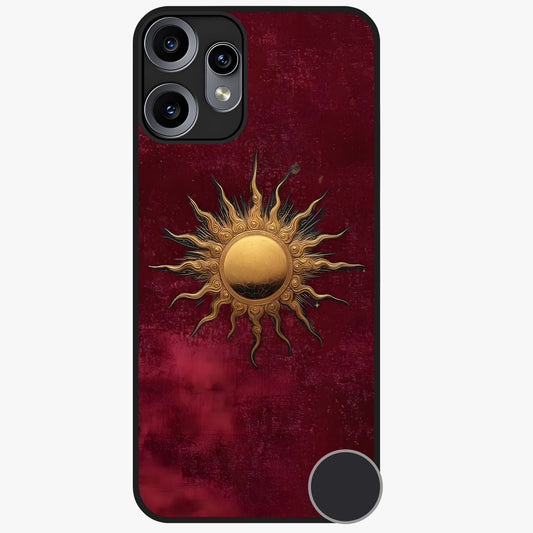Gold Sun Blush Glass Case showing flat back view with golden sun inspired artwork and glossy glass finish.