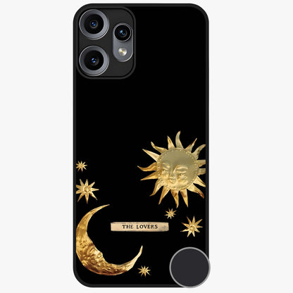 Golden Celestial Charm Glass Case showing flat back view with golden celestial charm artwork and glossy glass finish.