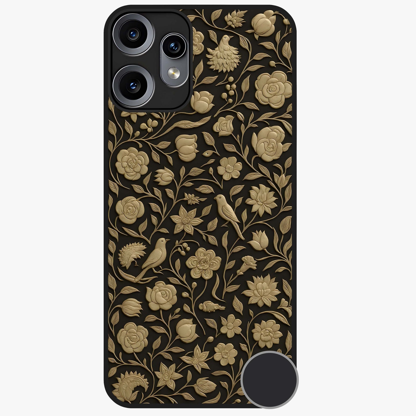 Golden Floral Majesty Glass Case showing flat back view with luxurious golden floral artwork and glossy glass finish.