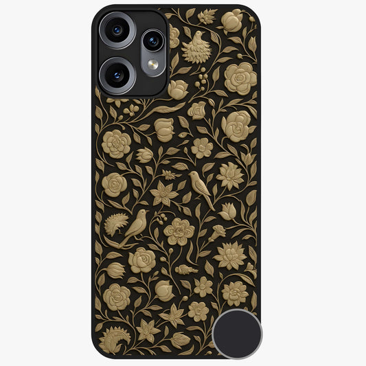 Golden Floral Majesty Glass Case showing flat back view with luxurious golden floral artwork and glossy glass finish.