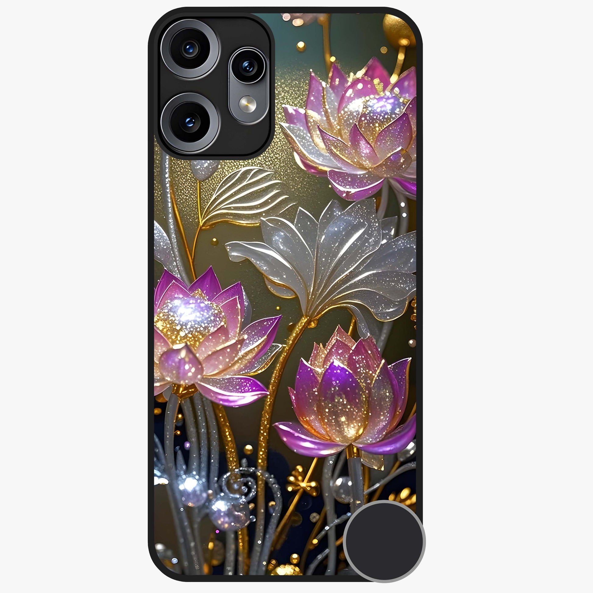 Golden Lotus Glow Glass Case showing flat back view with glowing lotus flower artwork and glossy glass finish.