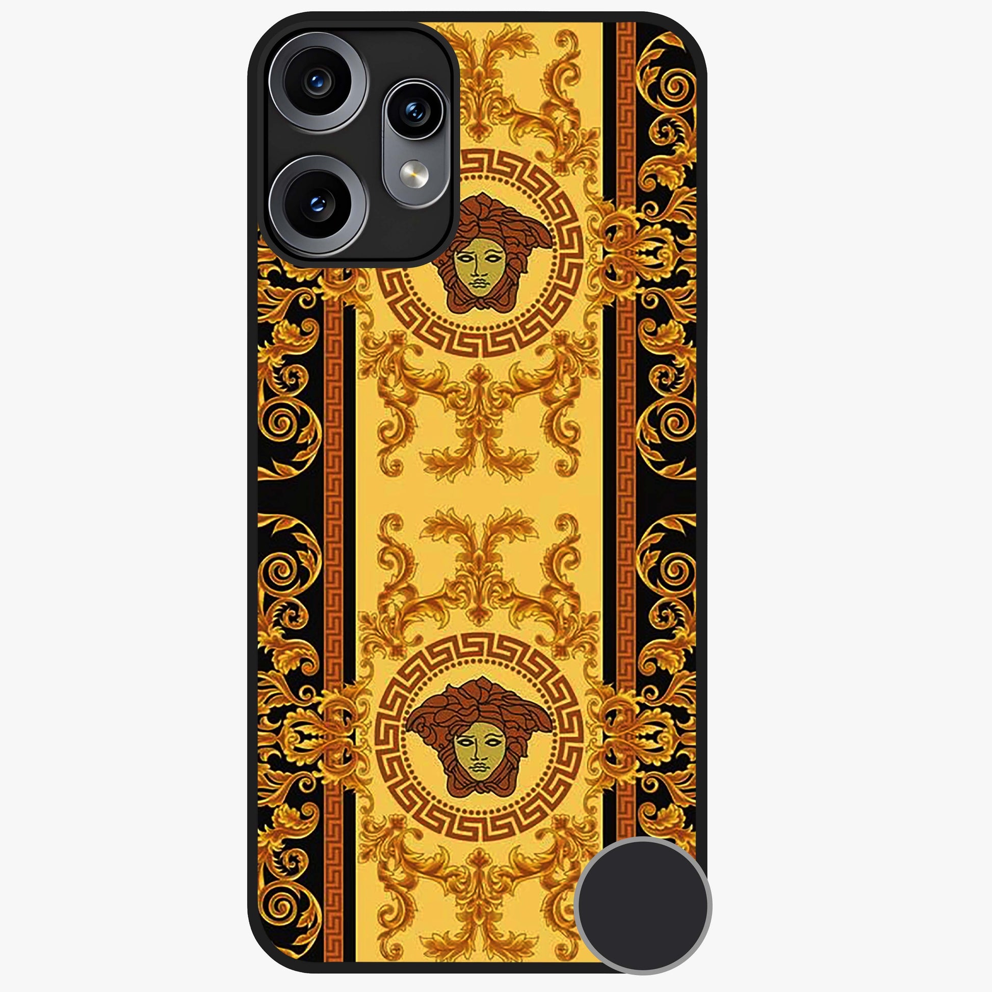 Golden Royal Heritage Glass Case showing flat back view with ornate royal pattern artwork and glossy glass finish.