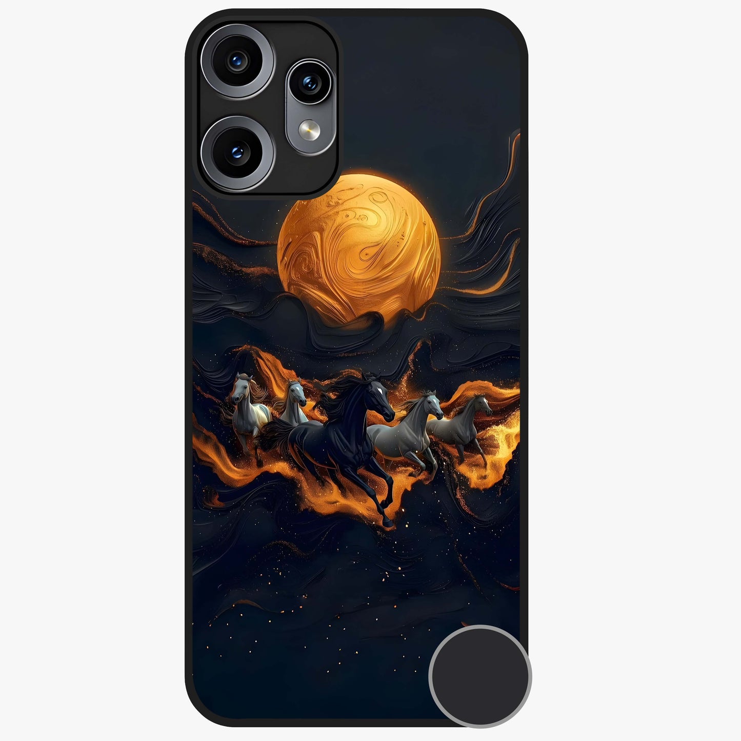 Golden Stallion Moonride Glass Case showing flat back view with majestic horse under moonlight artwork and glossy glass finish.