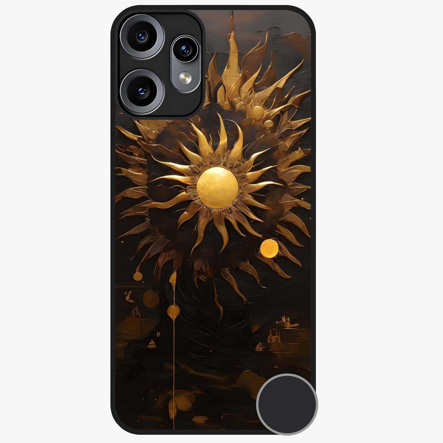 Golden Sun Majesty Glass Case showing flat back view with radiant golden sun artwork and glossy glass finish.