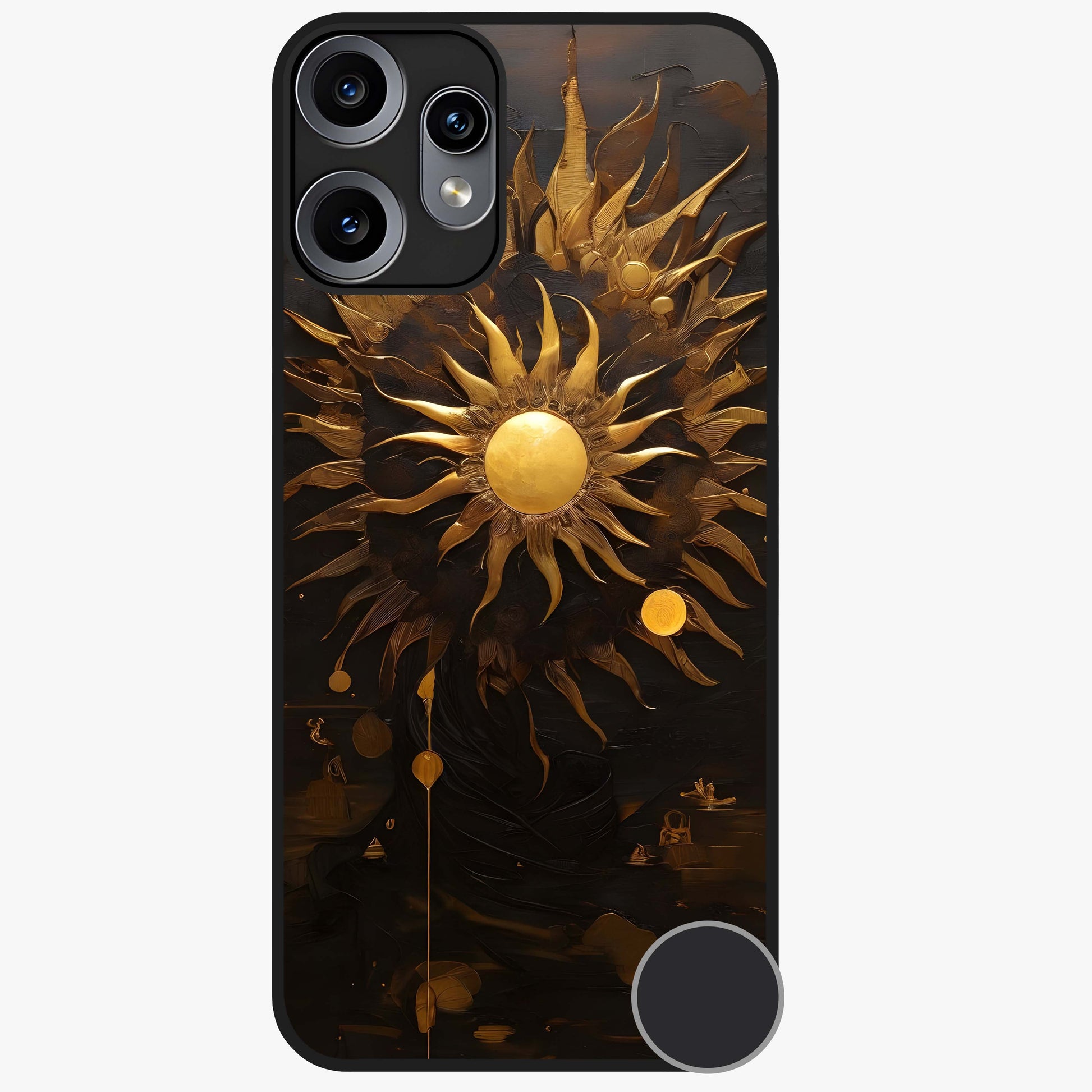 Golden Sun Majesty Glass Case showing flat back view with radiant golden sun artwork and glossy glass finish.