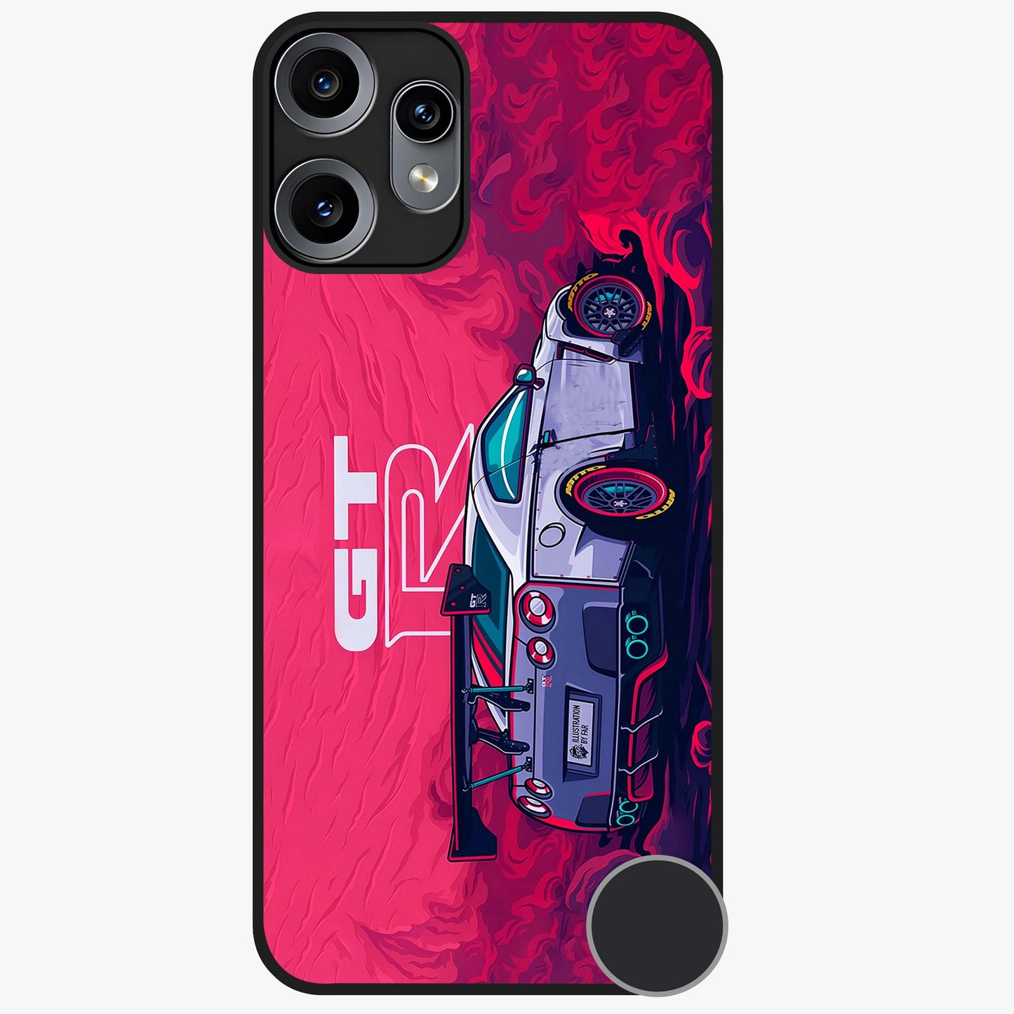 GT-R Car Pattern Glass Case showing flat back view with sporty car inspired pattern artwork and glossy glass finish.
