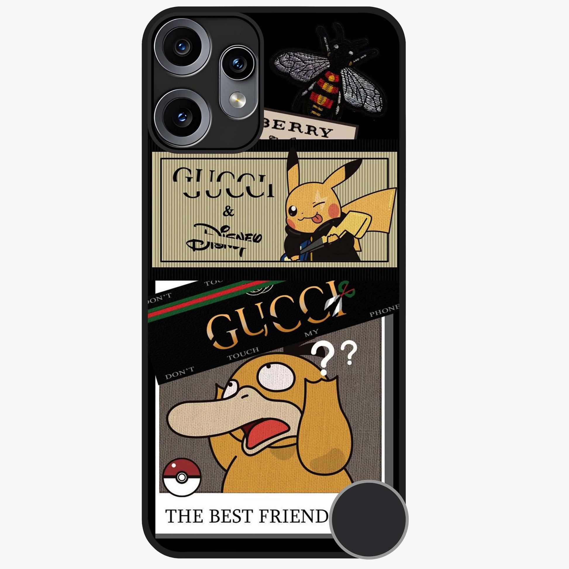 Gucci Play Mashup Glass Case showing flat back view with luxury inspired graphic artwork and glossy glass finish.