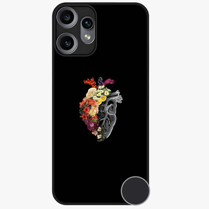 Heart With Flowers Glass Case showing flat back view with heart shaped floral artwork and glossy glass finish.