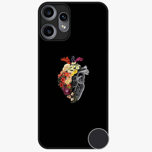 Heart With Flowers Glass Case showing flat back view with heart shaped floral artwork and glossy glass finish.