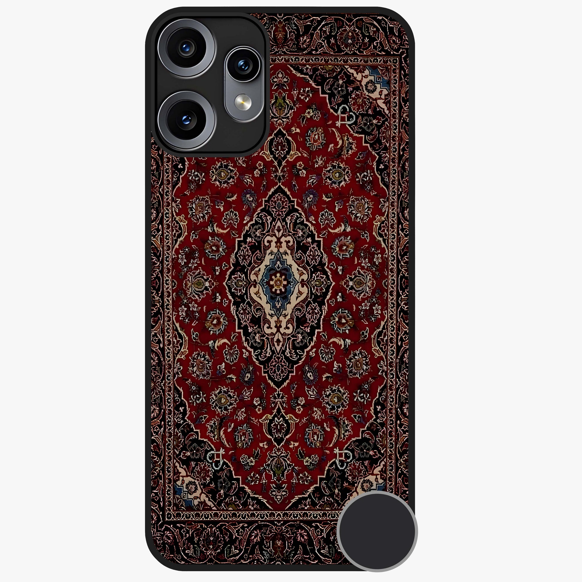 Heritage Carpet Royale Glass Case showing flat back view with ornate Persian carpet inspired pattern and glossy glass finish.