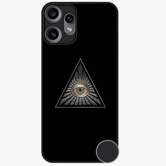 Illuminati Evil Glass Case showing flat back view with mysterious illuminati symbol artwork and glossy glass finish.