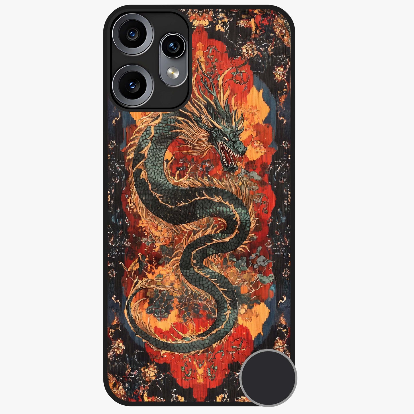 Inferno Dragon Soul Glass Case showing flat back view with fiery dragon artwork and glossy glass finish.