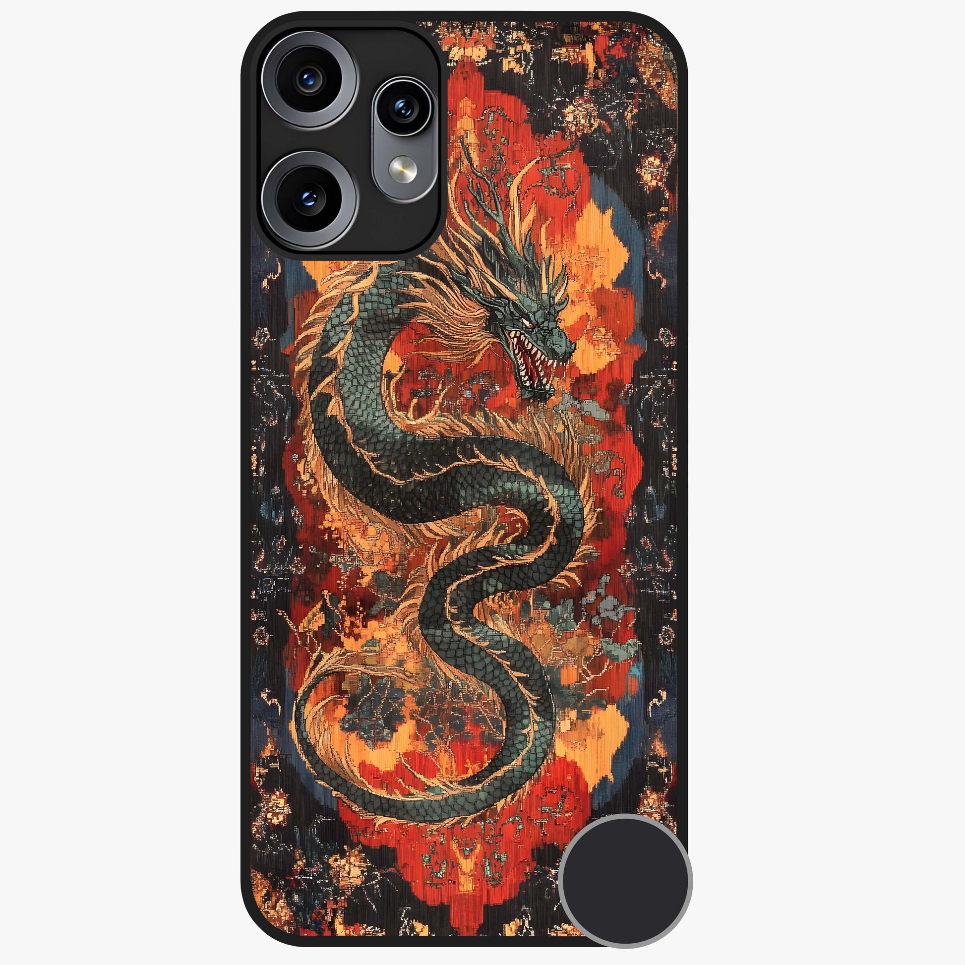 Inferno Dragon Soul Glass Case showing flat back view with fiery dragon artwork and glossy glass finish.