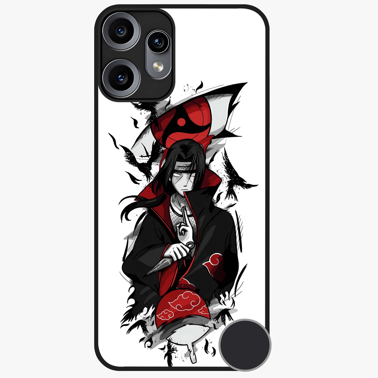 Itachi Sharingan Glass Case showing flat back view with powerful anime eye artwork and glossy glass finish.