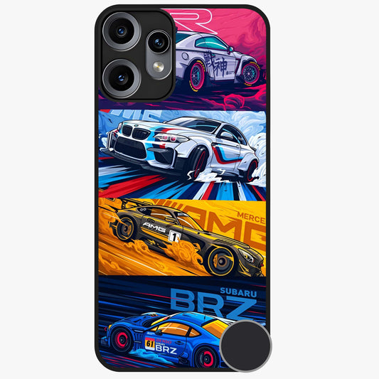 JDM Sports Car Glass Case showing flat back view with high performance sports car artwork and glossy glass finish.