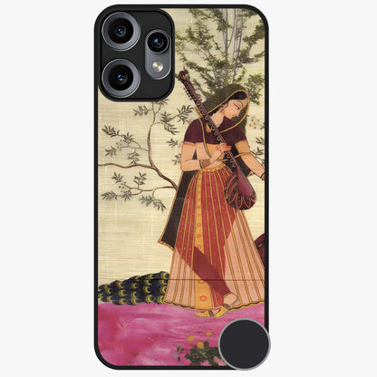 Lady With Veena Art Glass Case showing flat back view with elegant woman playing veena artwork and glossy glass finish.