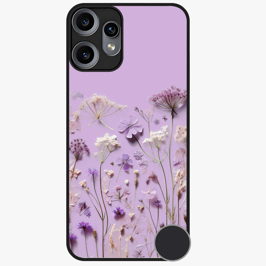 Lavender Blossom Dream Glass Case showing flat back view with soft lavender floral artwork and glossy glass finish.