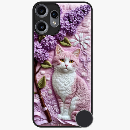 Lavender Cat Whimsy Glass Case showing flat back view with cute lavender cat artwork and glossy glass finish.