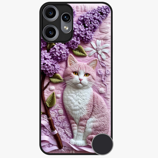Lavender Cat Whimsy Glass Case showing flat back view with cute lavender cat artwork and glossy glass finish.