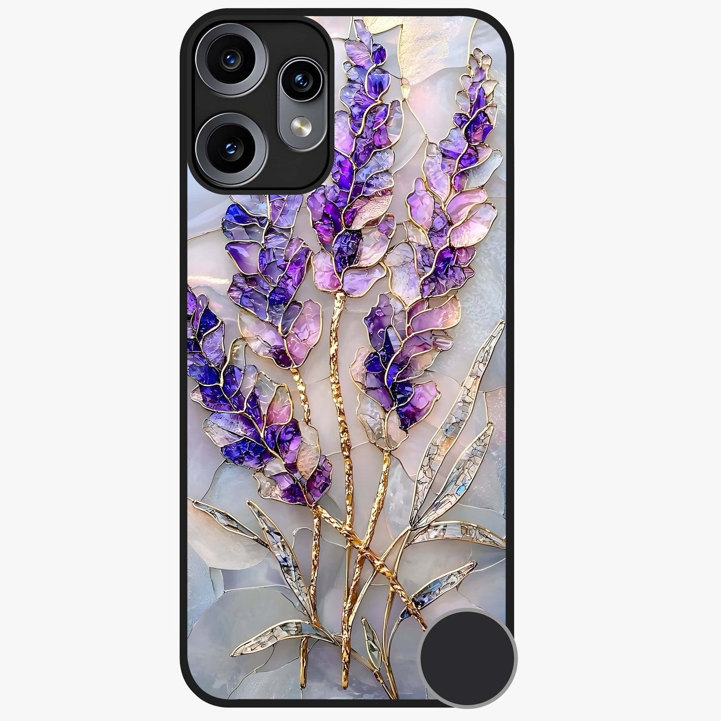 Lavender Dream Glow Glass Case showing flat back view with glowing lavender aesthetic artwork and glossy glass finish.