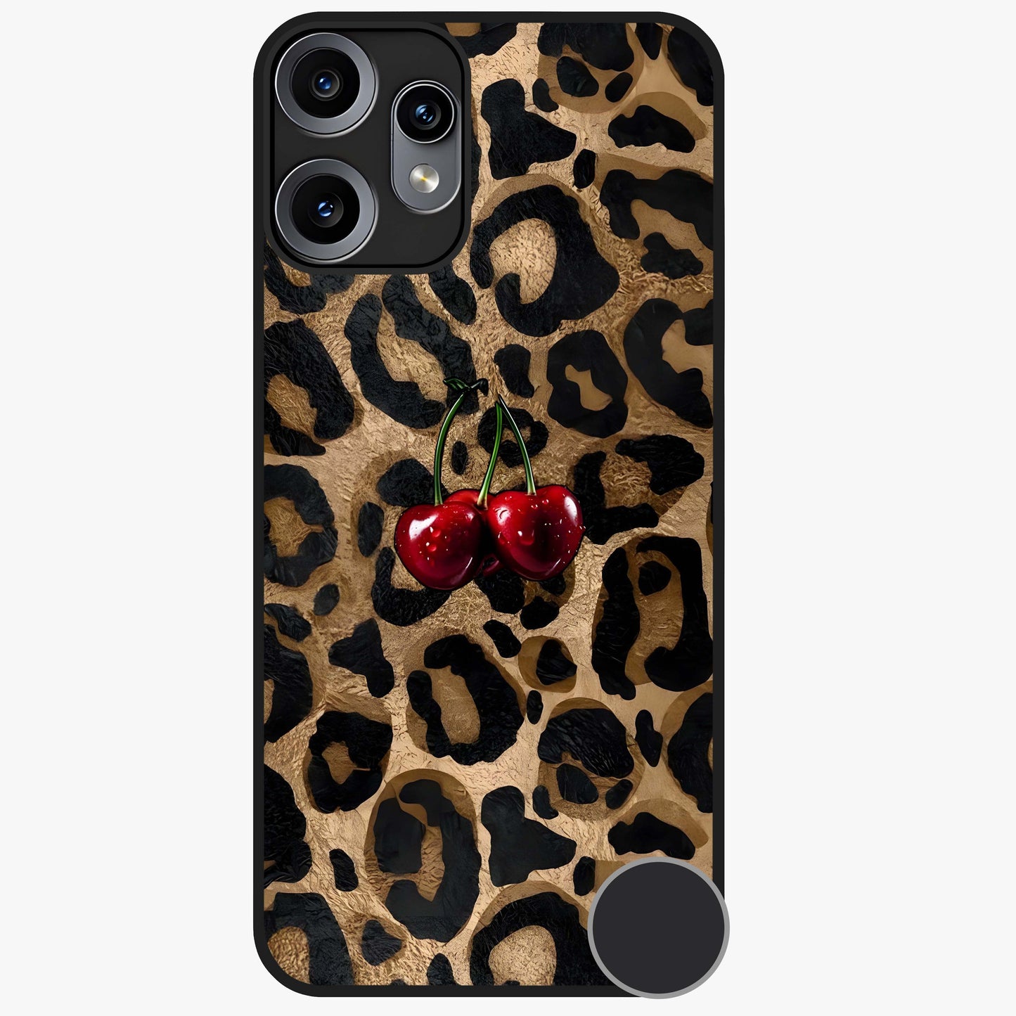 Leopard Wild Cherry Glass Case showing flat back view with leopard pattern and cherry artwork and glossy glass finish.