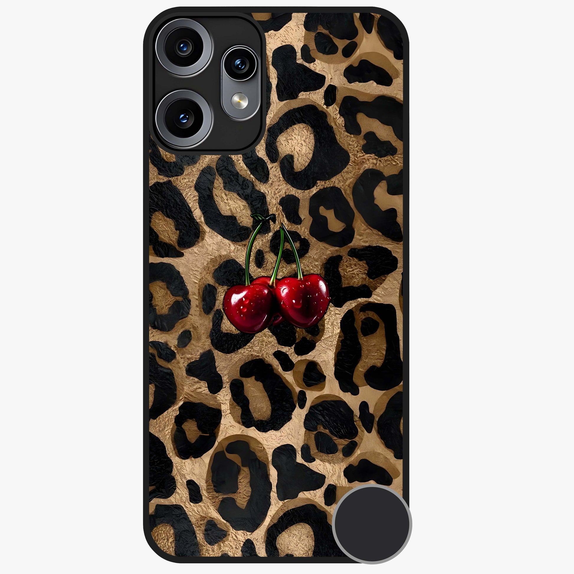 Leopard Wild Cherry Glass Case showing flat back view with leopard pattern and cherry artwork and glossy glass finish.
