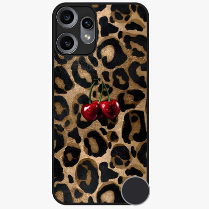 Leopard Wild Cherry Glass Case showing flat back view with leopard pattern and cherry artwork and glossy glass finish.