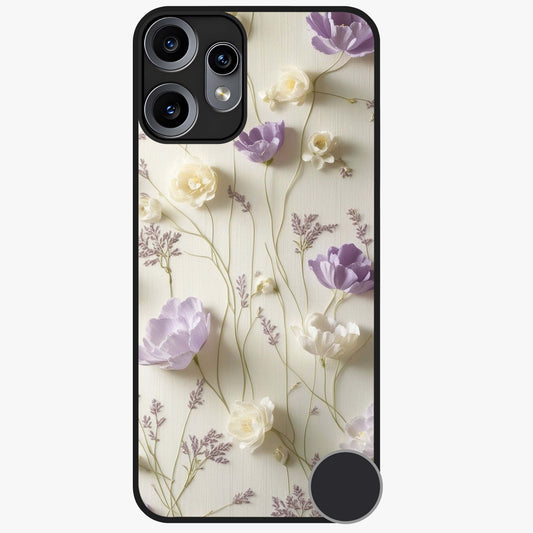 Lilac Breeze Harmony Glass Case showing flat back view with soft lilac themed artwork and glossy glass finish.