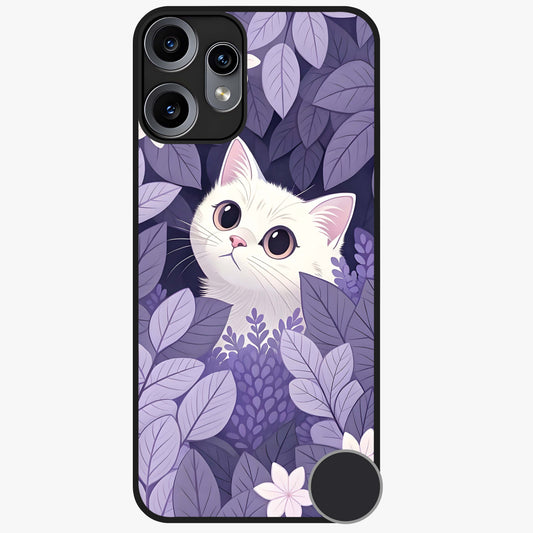Lilac Hide Peek Cat Glass Case showing flat back view with cute peeking cat artwork and glossy glass finish.