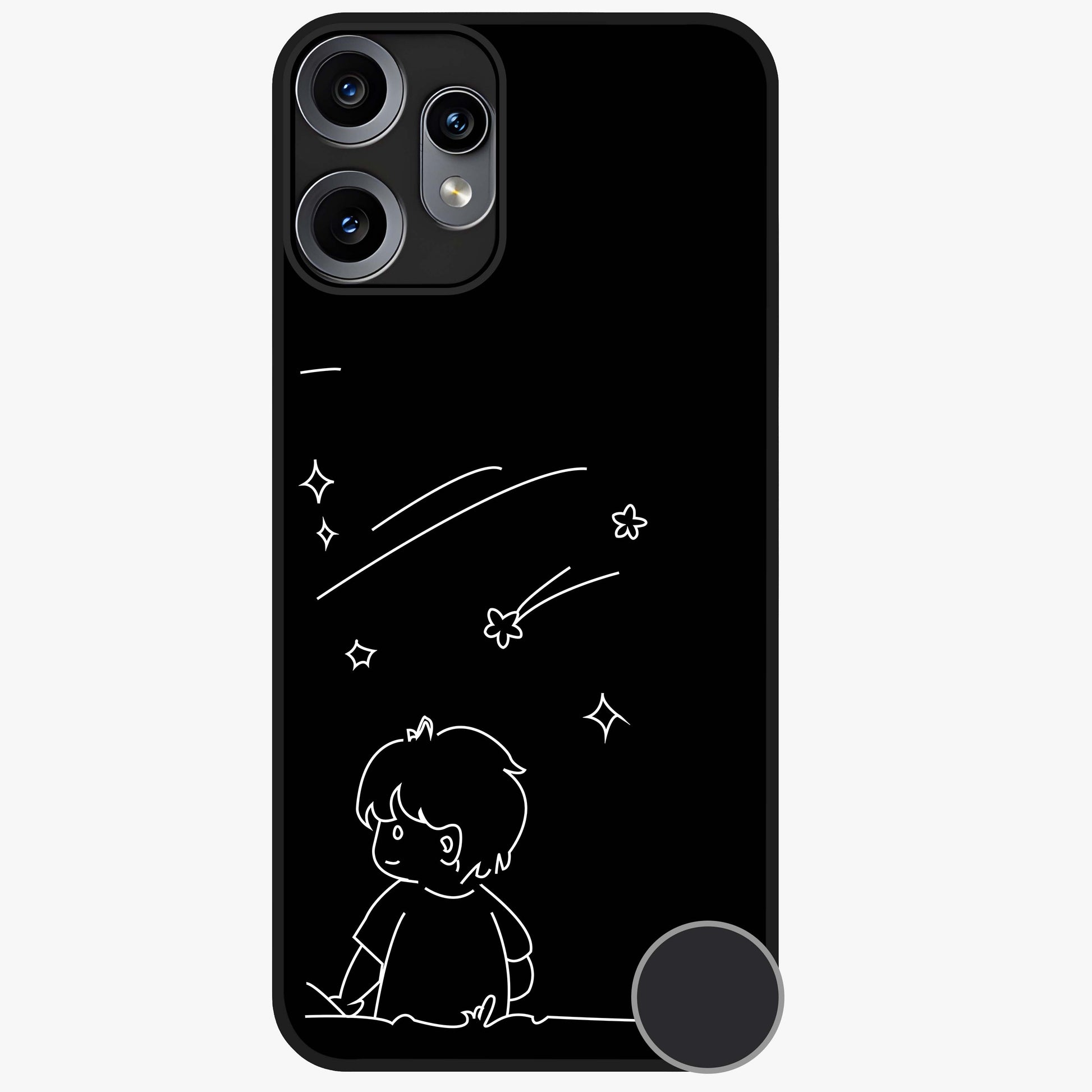 Line Art Boy With Shooting Stars Glass Case showing flat back view with minimal line art boy and shooting stars illustration and glossy glass finish.