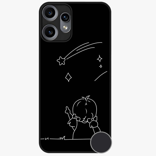 Line Art Girl With Shooting Stars Glass Case showing flat back view with minimal line art girl and shooting stars illustration and glossy glass finish.