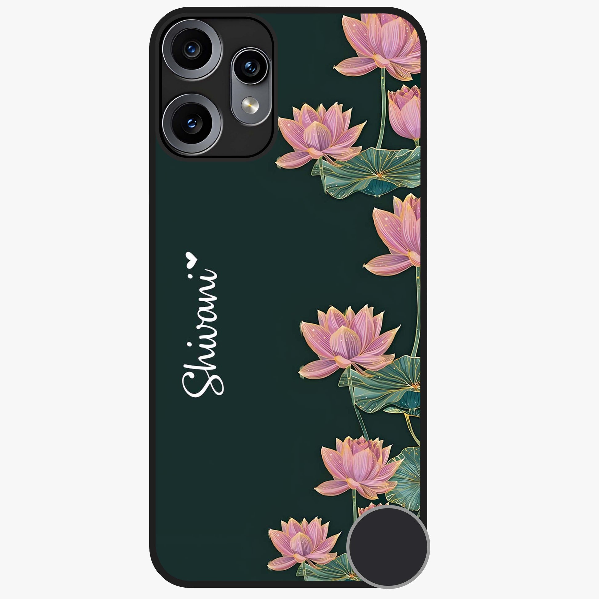Lotus Bloom Serenity Custom Name Glass Case showing flat back view with elegant lotus flower artwork and personalized name design.