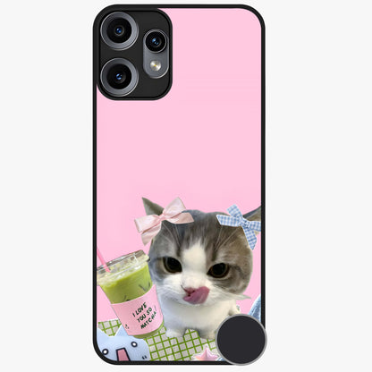 Love Matcha Cat Glass Case showing flat back view with cute cat and matcha themed artwork and glossy glass finish.