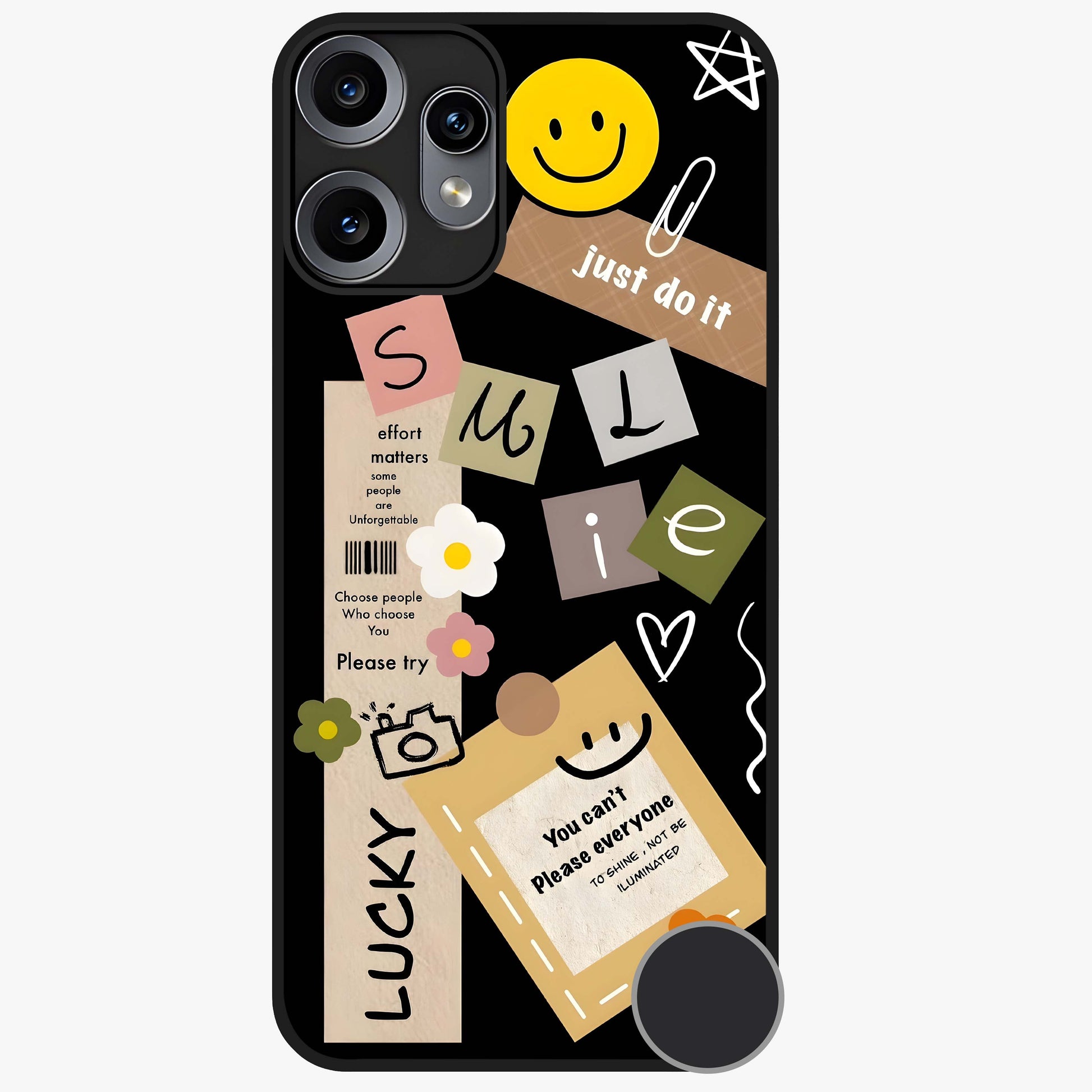 Lucky Aesthetic Collage Glass Case showing flat back view with trendy aesthetic collage artwork and glossy glass finish.
