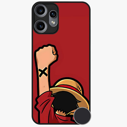 Luffy X Spirit Glass Case showing flat back view with bold anime character artwork and glossy glass finish.