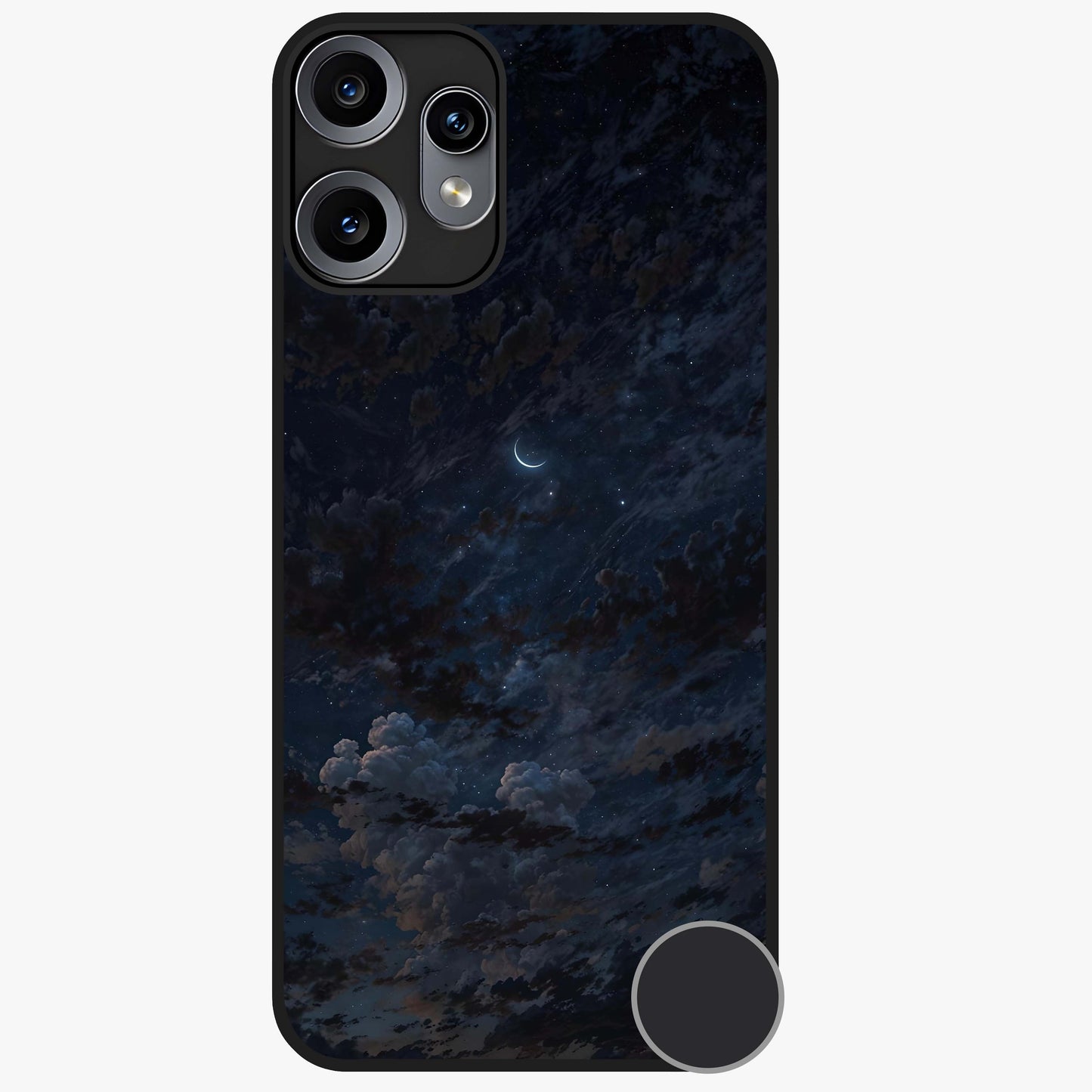 Lunar Veil Silence Glass Case showing flat back view with mystical moon veil artwork and glossy glass finish.