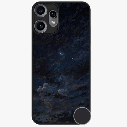 Lunar Veil Silence Glass Case showing flat back view with mystical moon veil artwork and glossy glass finish.