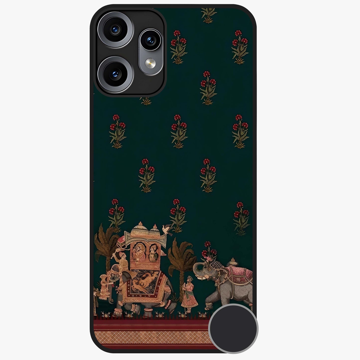 Macmerise Glass Case showing flat back view with stylish modern artwork and glossy glass finish.