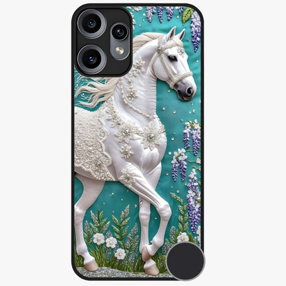 Majestic Floral Stallion Glass Case showing flat back view with powerful horse and floral artwork and glossy glass finish.
